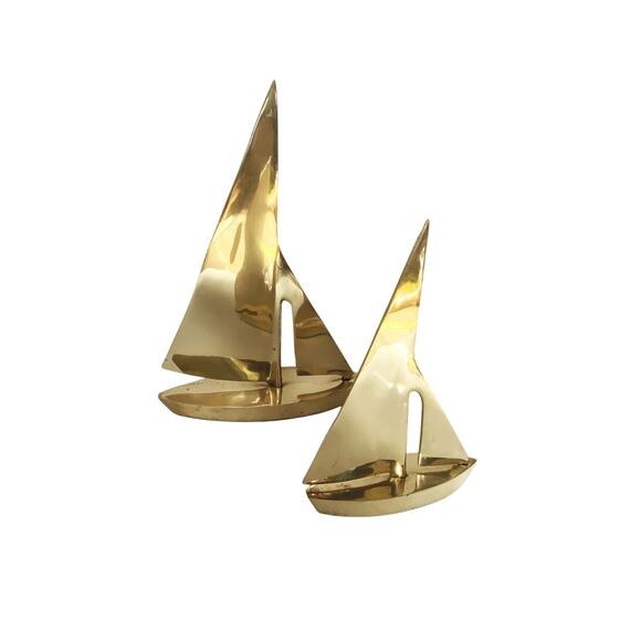 Vintage 60s Brass Sailboat Set of 2 Nautical Decor Beach Boho Brass Ocean Theme - Picture 2 of 12